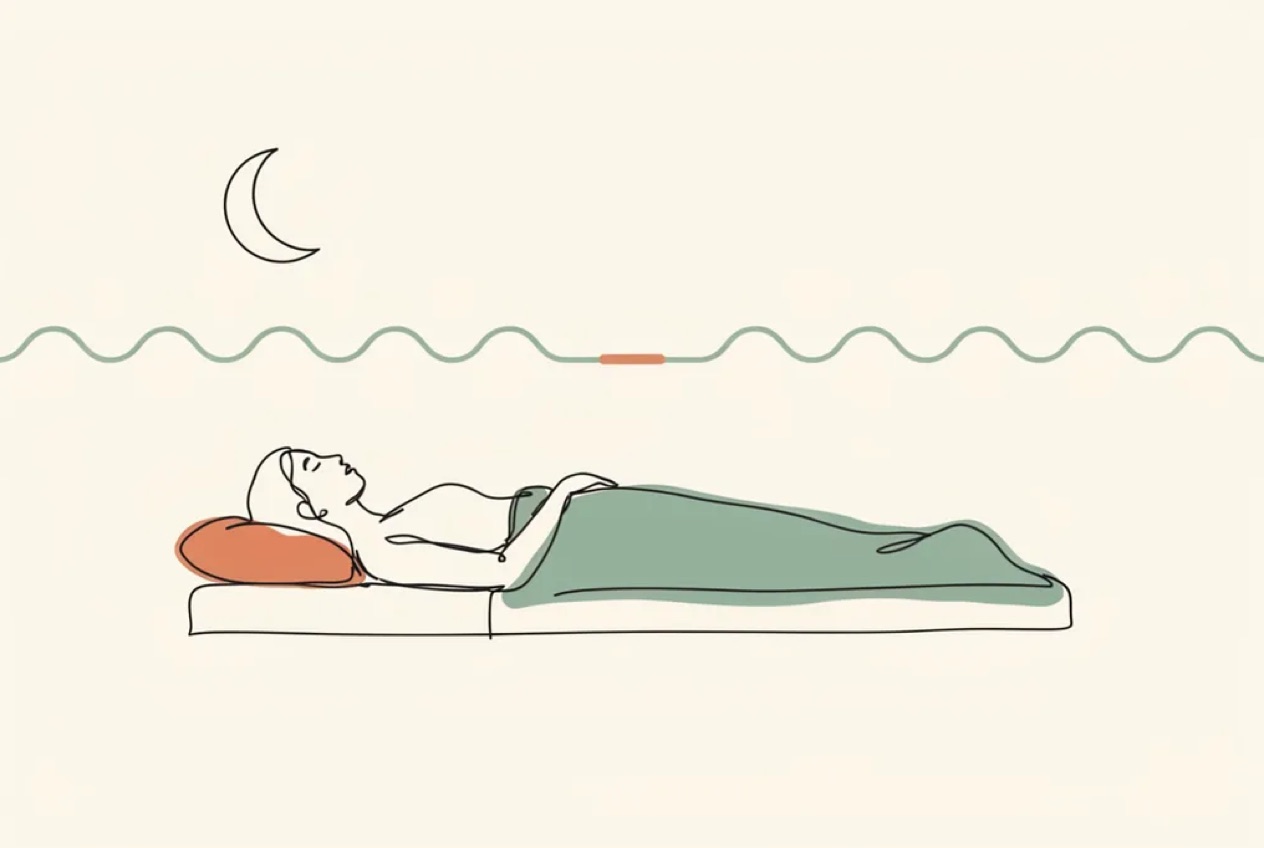 Line-art illustration of a person asleep on their back beneath a breathing wave that flattens into a pause, showing how obstructive sleep apnoea repeatedly interrupts breathing at night