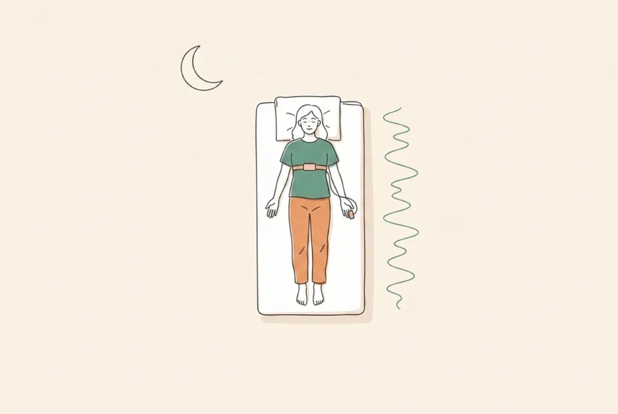 Illustration of a person sleeping in their own bed wearing a home sleep test kit with a chest band and finger sensor recording their breathing overnight