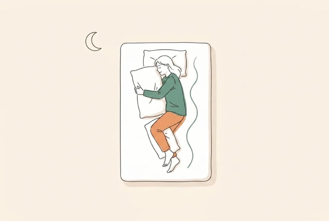 Illustration of a person sleeping comfortably on their side hugging a supportive pillow, the sleeping position that reduces airway collapse in sleep apnoea