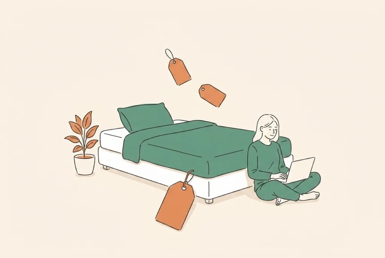 Illustration of a shopper browsing Black Friday mattress deals on a laptop beside a bed with sale tags