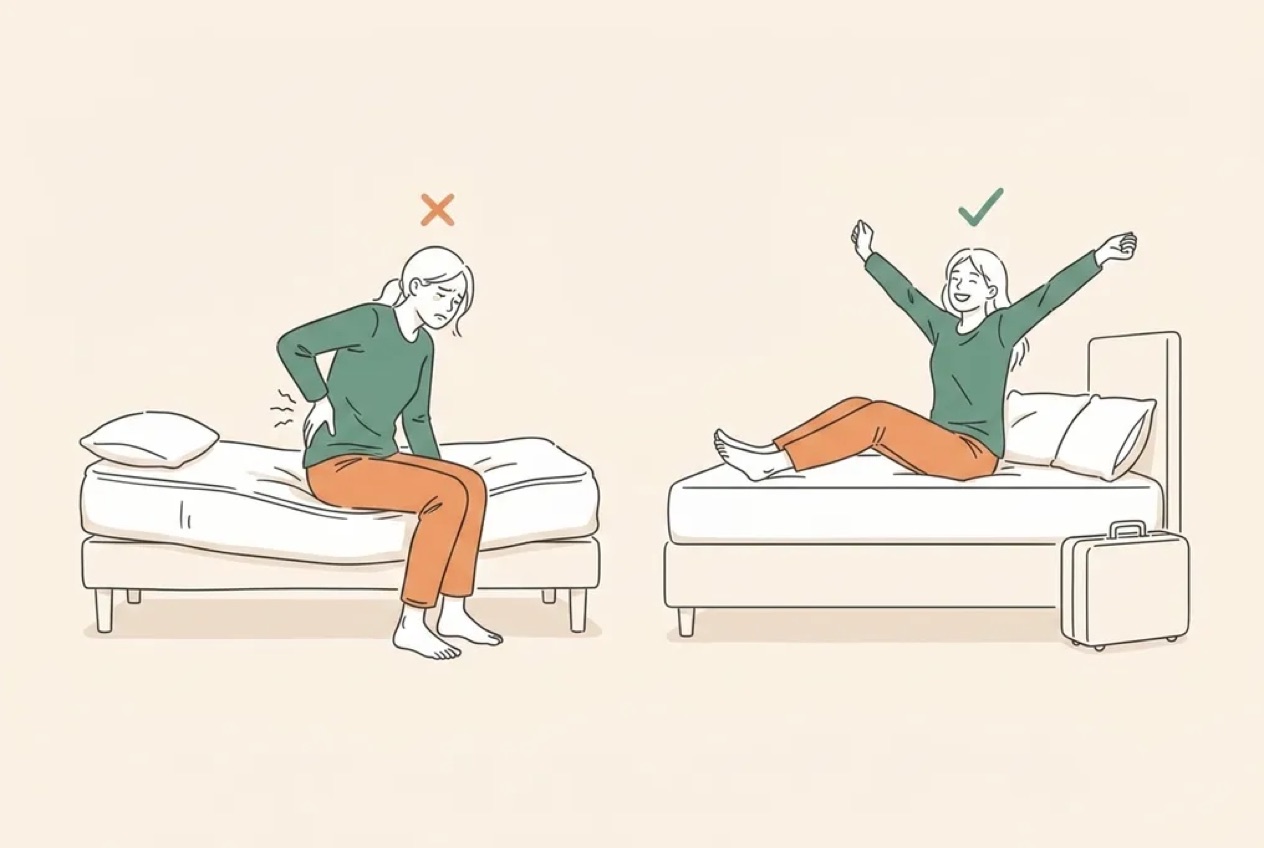 Illustration of the hotel test — waking sore on an old mattress at home but refreshed in a hotel bed