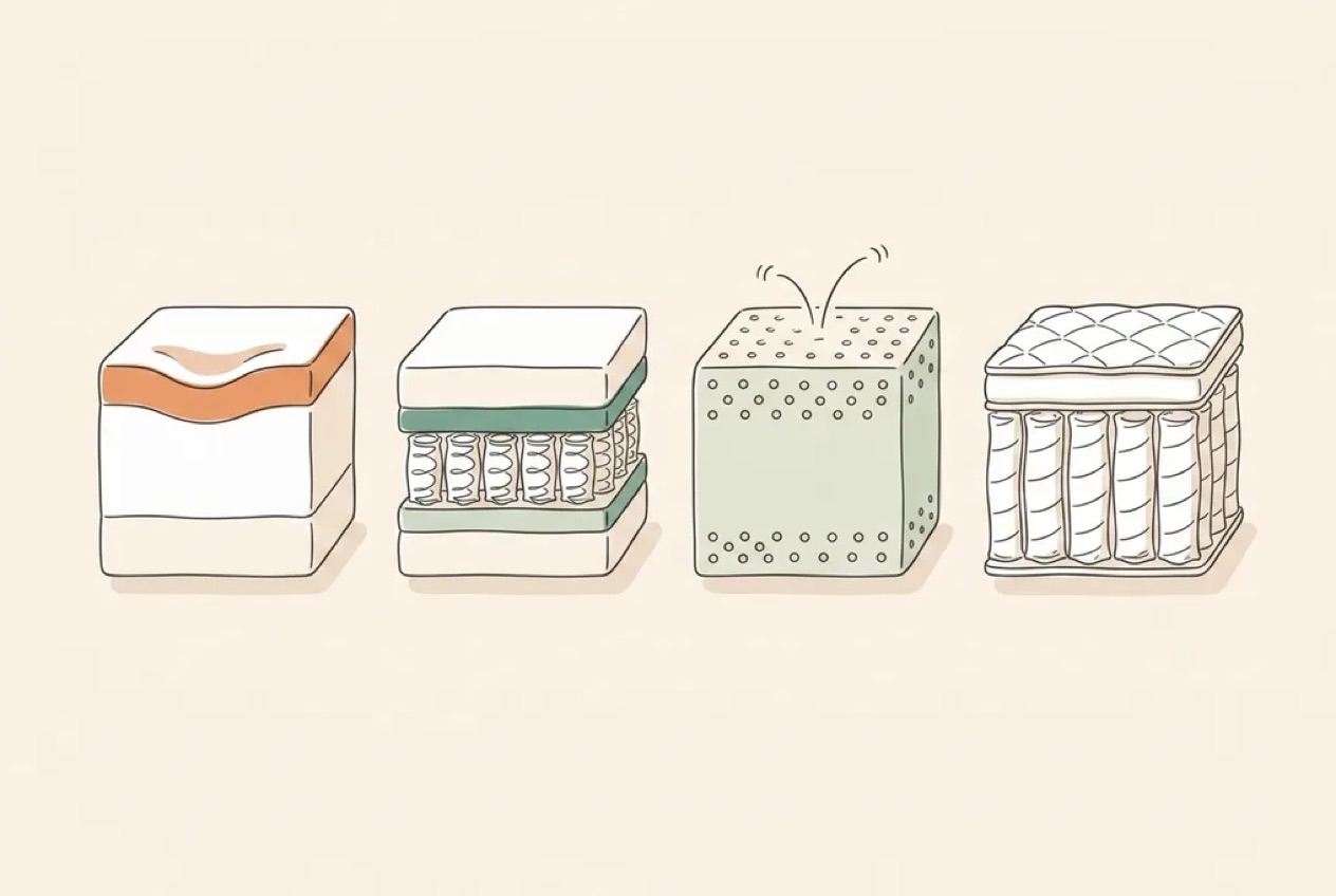 Illustration comparing four mattress types — memory foam, hybrid, latex and pocket sprung constructions