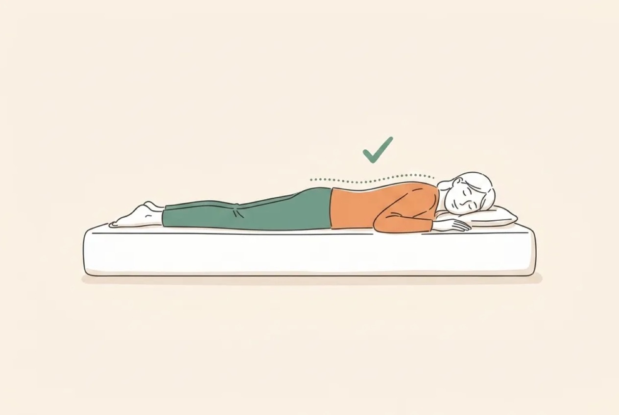 Illustration of stomach sleeping done right — firm mattress and thin pillow keeping the spine level