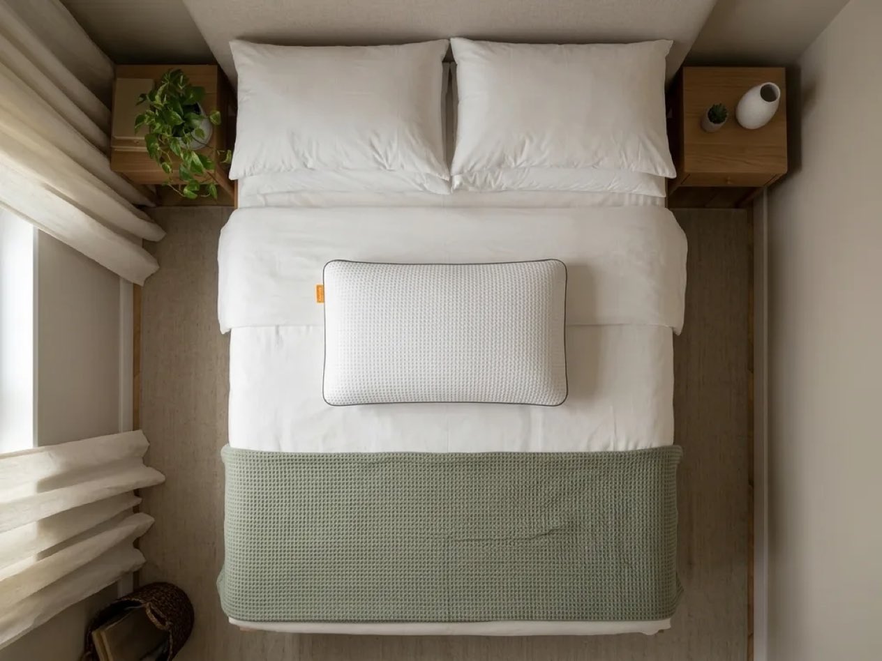 Emma Adapt Cooling Pillow lying on the bed seen from above, showing its 40×70 waffle-knit cover