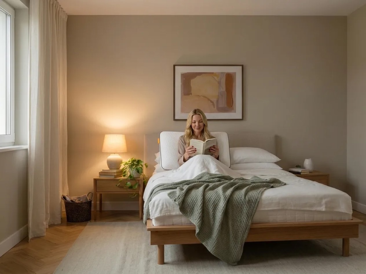 Tester reading in bed with the Emma Adapt Pillow supporting her back against the headboard