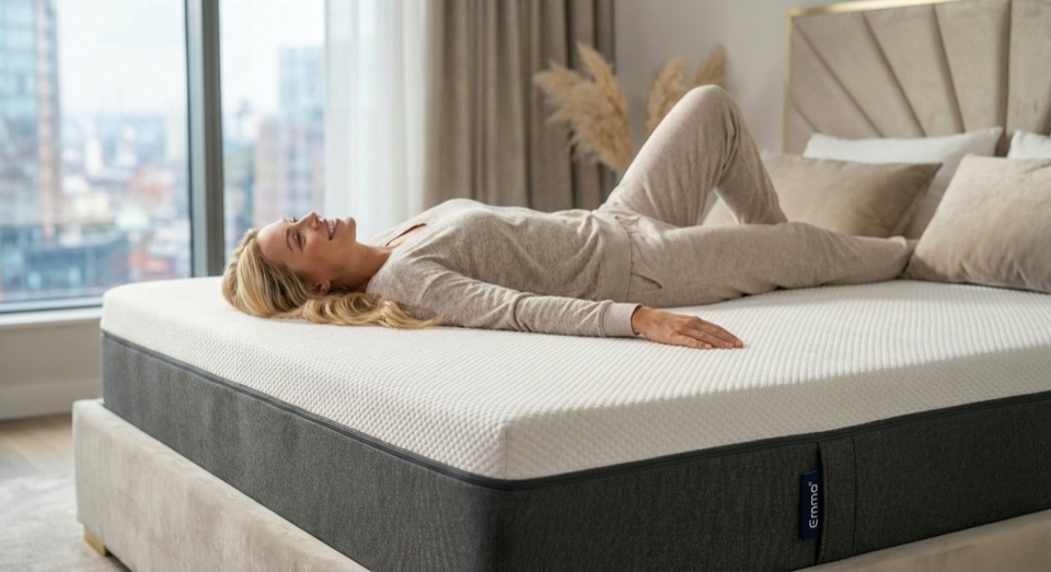 Testing the Emma Hybrid Airgrid mattress comfort while lying on back