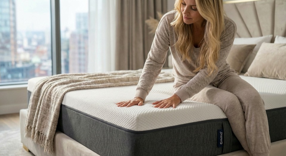 Hands pressing into Emma Hybrid Airgrid mattress surface to test firmness