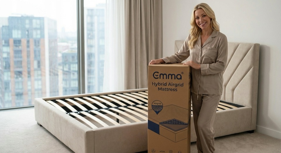 Emma Hybrid Airgrid mattress being unboxed from delivery packaging