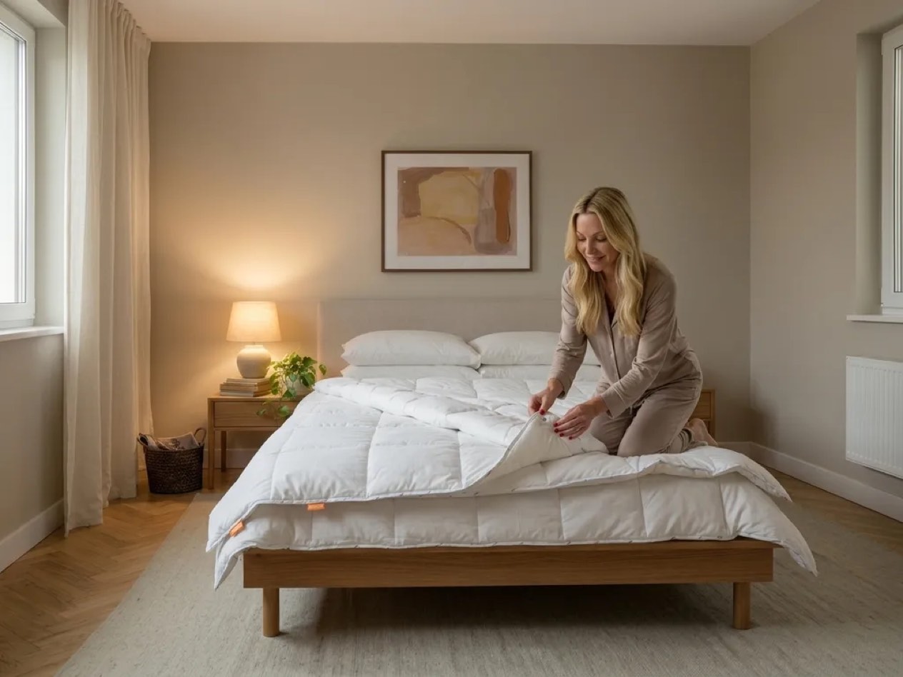 Tester kneeling on the bed fastening the Emma All Seasons Duvet's two layers together