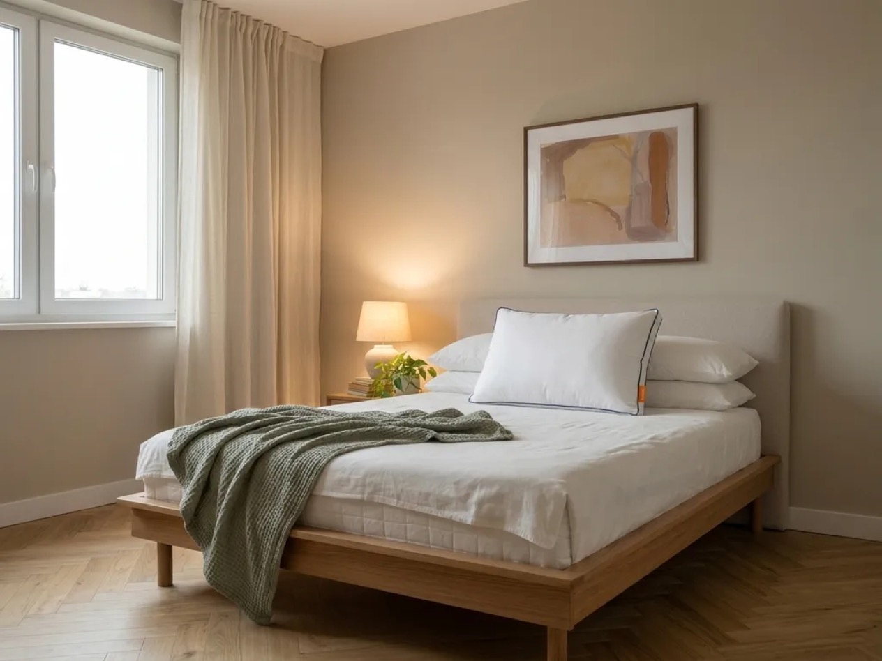 Emma Comfort Cooling Pillow plumped tall on the made bed, hotel style