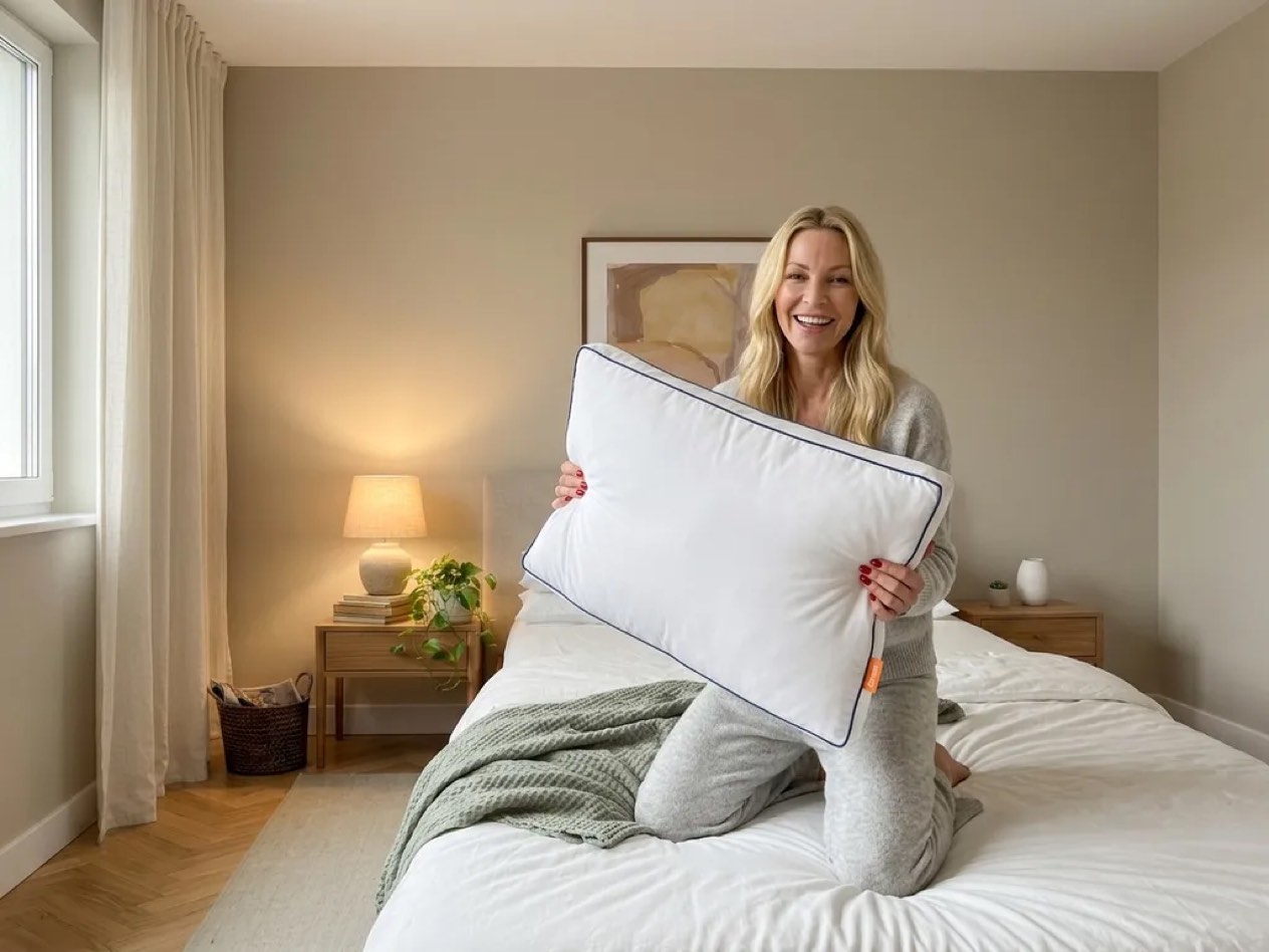 Tester kneeling on the bed holding up the Emma Comfort Cooling Pillow