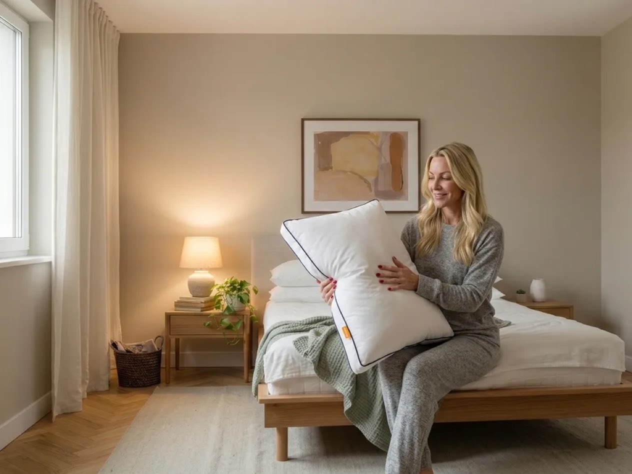 Tester plumping the Emma Hybrid Pillow on the bed, showing its smooth microfibre cover and navy piping