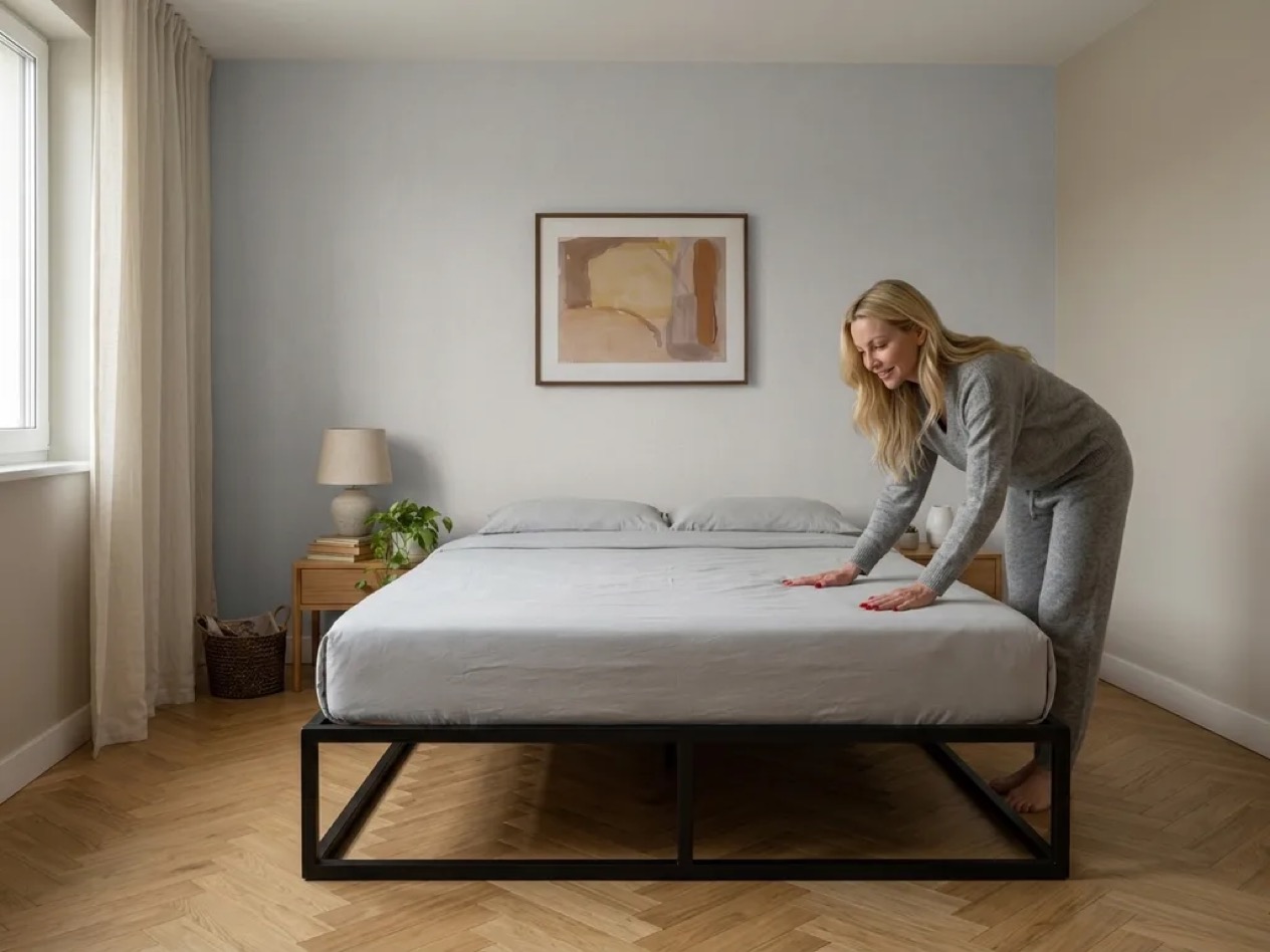 Tester smoothing the duvet on the Emma Metal Bed, black frame visible beneath the bedding