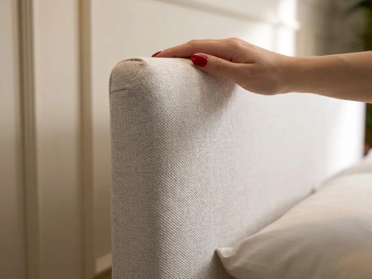 Close-up of the Emma Original Bed's upholstered headboard corner showing the woven twill fabric