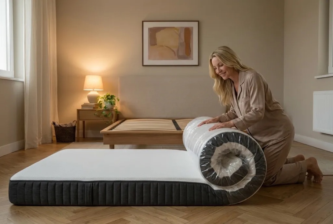 Unrolling a vacuum-packed Emma Original Pro from its bed-in-a-box delivery in Ireland