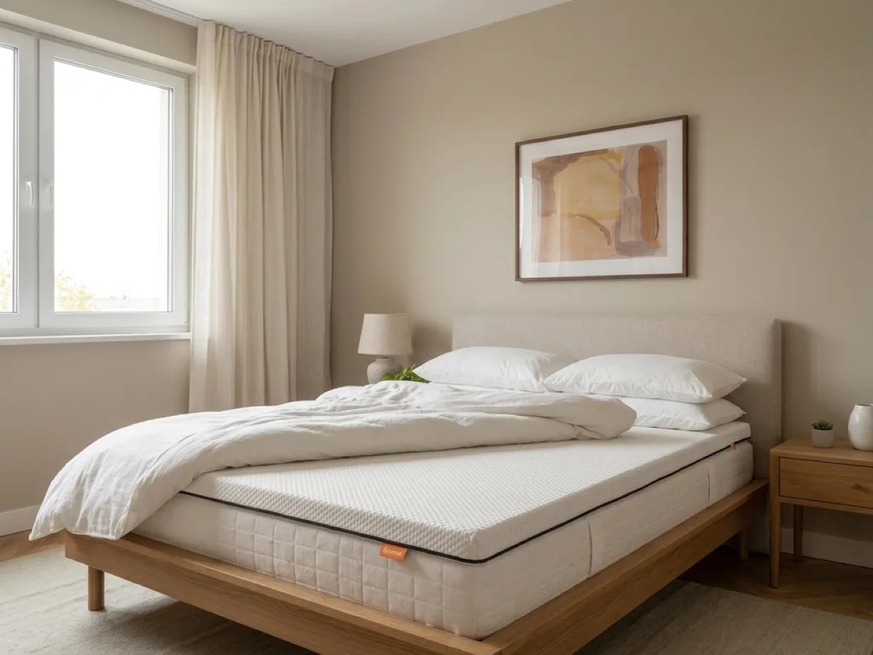 Emma Original Topper fitted on the mattress with the duvet pulled back, showing its slim edge profile
