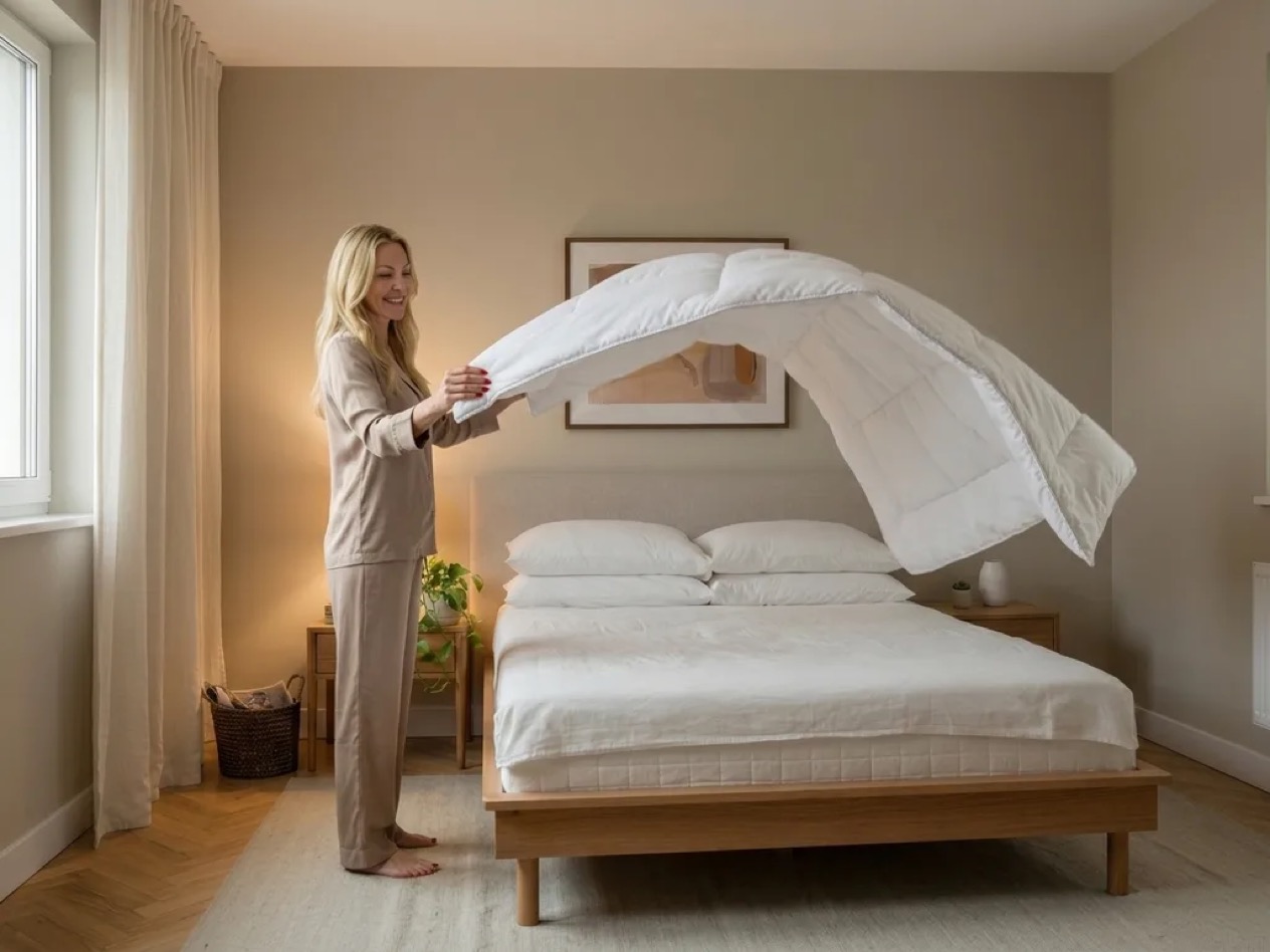 Tester shaking out the light Emma Spring & Autumn Duvet over the bed