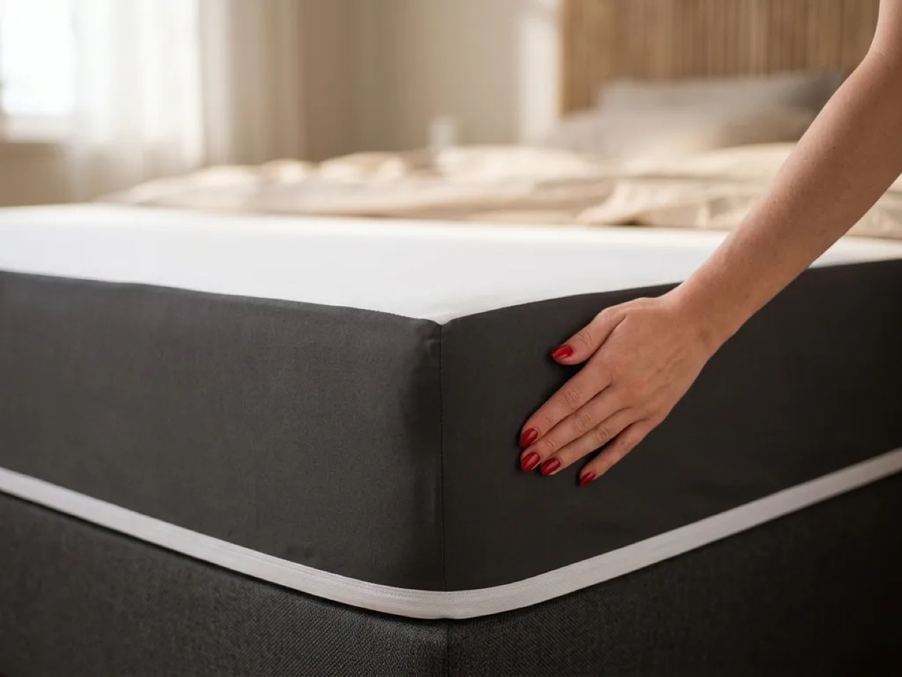 Hand smoothing the Emma Waterproof Protector's dark grey stretch skirt taut over a mattress corner