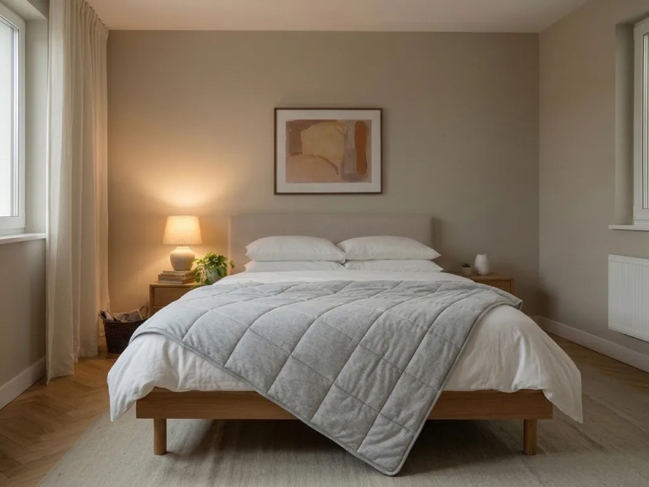 Emma Weighted Blanket draped across the foot of the bed, hanging in heavy dense folds