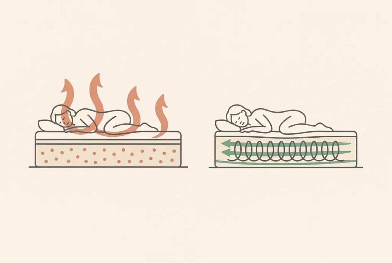 Illustration comparing heat building in a hugging foam surface with airflow through a coil-supported mattress