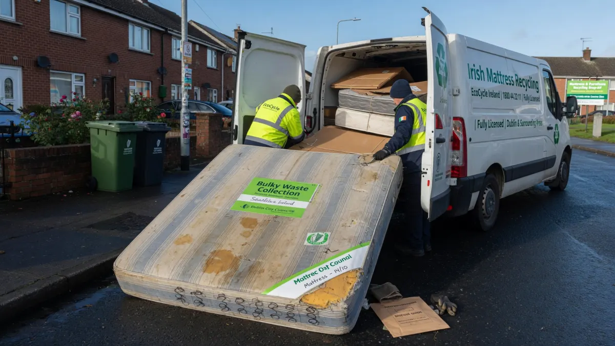 Irish Mattress Recycling crew loading an old mattress marked as bulky waste into a collection van on a Dublin street
