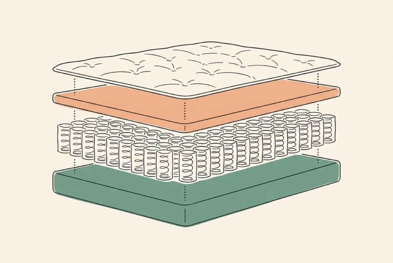 Exploded diagram of a hybrid mattress — quilted cover, comfort foam, pocket springs and base foam