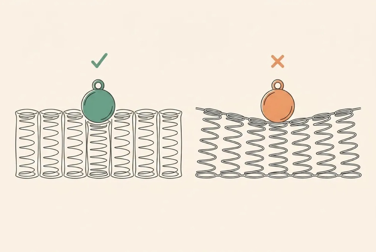 Diagram comparing pocket springs compressing independently with open coils that sag together under the same weight