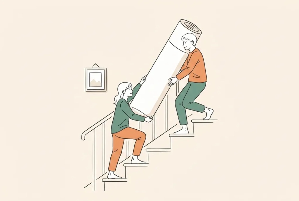 Illustration of two people carrying a rolled bed-in-a-box mattress up a narrow staircase in an older Irish house